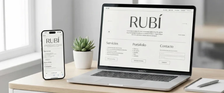 Diseño web en Rubí mostrado en portátil y móvil sobre un escritorio moderno, ejemplo de web responsive para negocios locales