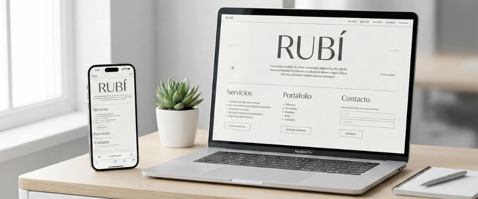 Diseño web en Rubí mostrado en portátil y móvil sobre un escritorio moderno, ejemplo de web responsive para negocios locales