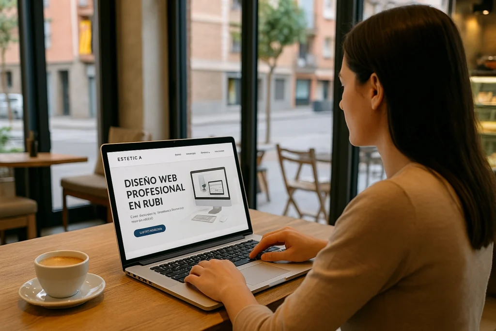 Persona usando un portátil para revisar un diseño web profesional en Rubí dentro de un negocio local