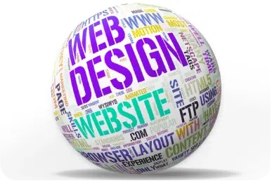 Esfera con palabras relacionadas con diseño web y desarrollo de sitios profesionales representando los servicios de diseño web profesional de SenshiCode.