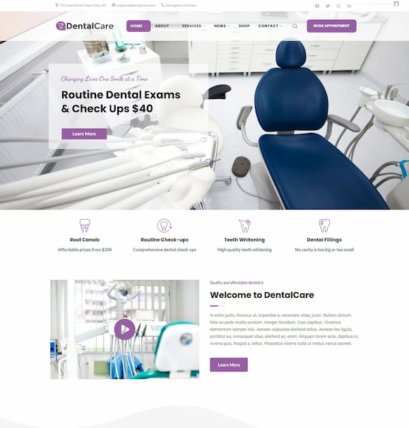 Diseño web para clínica dental con sección de servicios y estética médica.