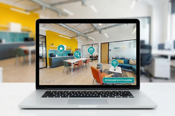 Tour virtual 360 en un portátil con iconos de puntos de interés y botón “Reservar visita ahora”, ejemplo de tour integrado que guía a la acción.
