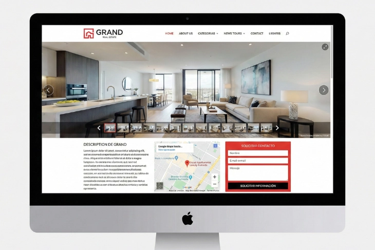 Pantalla de ordenador con tour virtual 360 integrado en una página web, con mapa y formulario de contacto, ejemplo de integración orientada a conversión.
