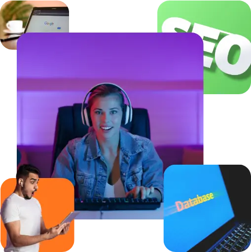 Collage de diseño web y SEO: una mujer con auriculares ante el teclado, un portátil con el buscador de Google, un cartel SEO, un hombre con una tablet y un portátil con una base de datos