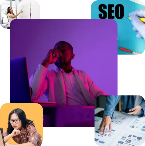 Collage de personas trabajando en una web: una mujer ante una pizarra, un empresario con su portátil, una joven con gafas y unas manos revisando bocetos, con el rótulo SEO