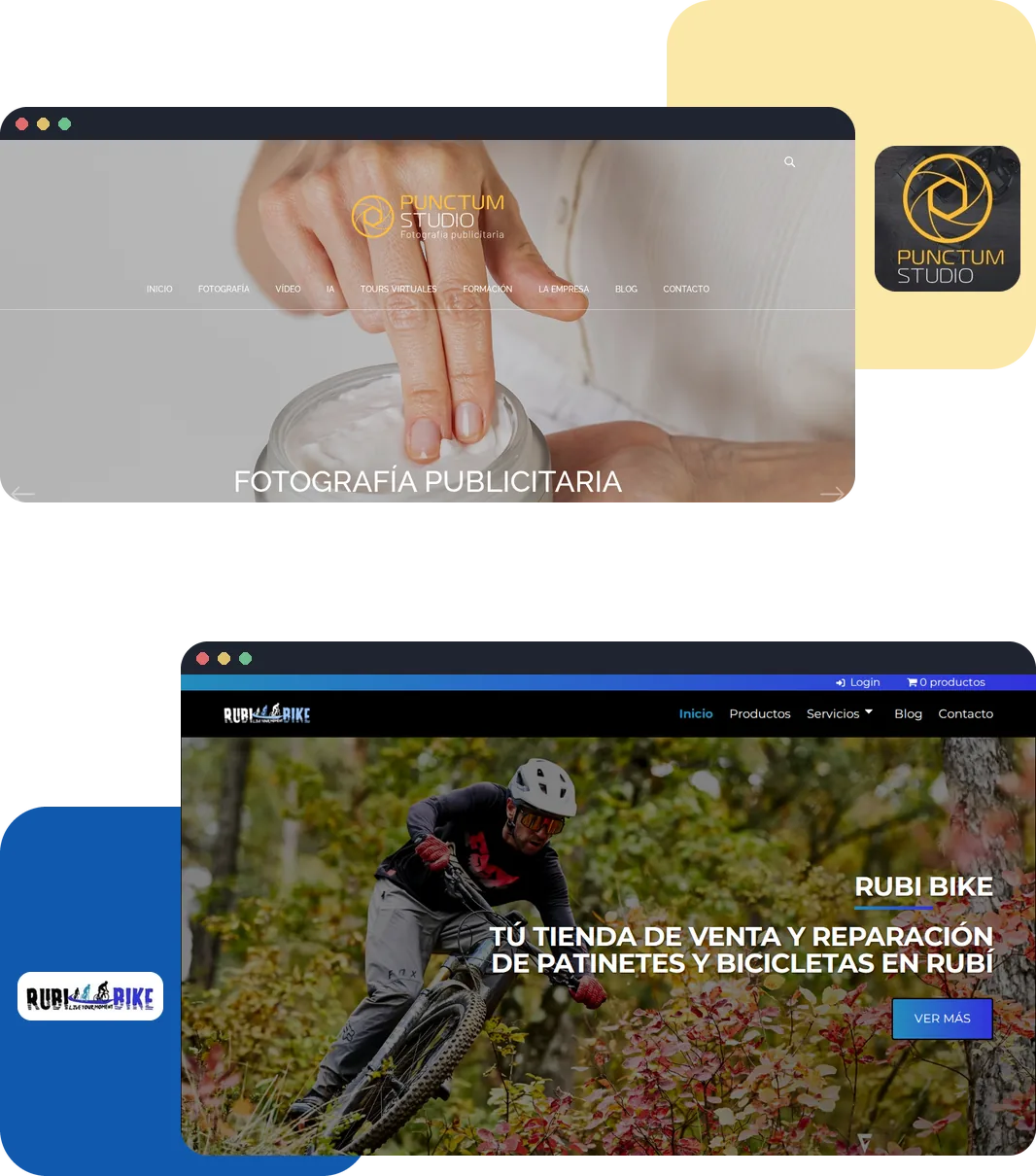 Capturas de Punctum Studio y RubiBike en ventanas de navegador, con el logotipo de cada web en una tarjeta de color