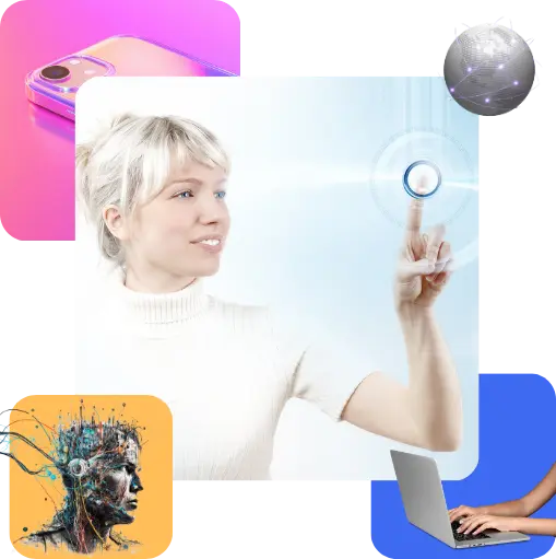 Collage de transformación digital: una mujer toca una interfaz holográfica luminosa, rodeada de un móvil, una esfera de malla con nodos, una ilustración conceptual de un perfil humano con circuitos de inteligencia artificial, y unas manos escribiendo en un portátil