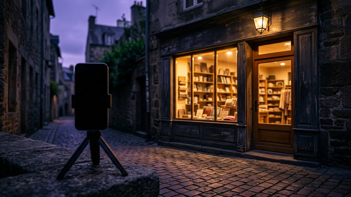 Fachada de una tienda al atardecer, con el escaparate iluminado y un móvil sobre un trípode en primer plano