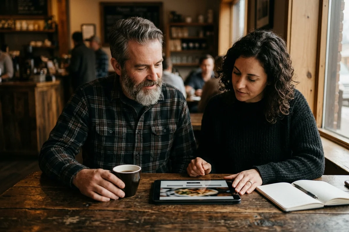 Dos personas revisando la web de un negocio local en una tableta antes de elegir un diseño web para pymes