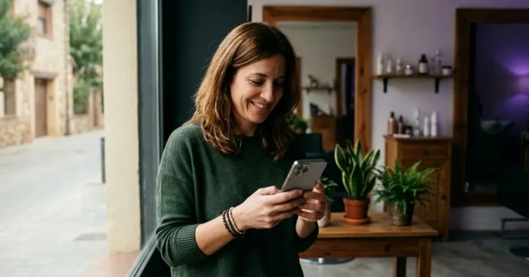 Mujer sonriendo mientras mira su móvil en un salón de peluquería, ejemplo de diseño web para pymes