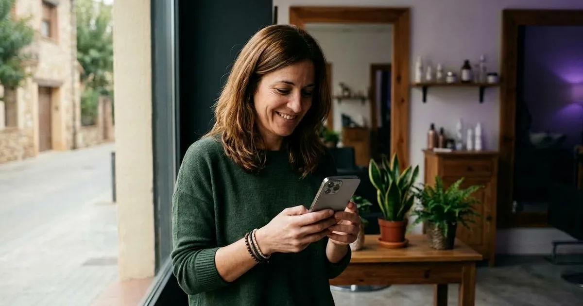 Mujer sonriendo mientras mira su móvil en un salón de peluquería, ejemplo de diseño web para pymes