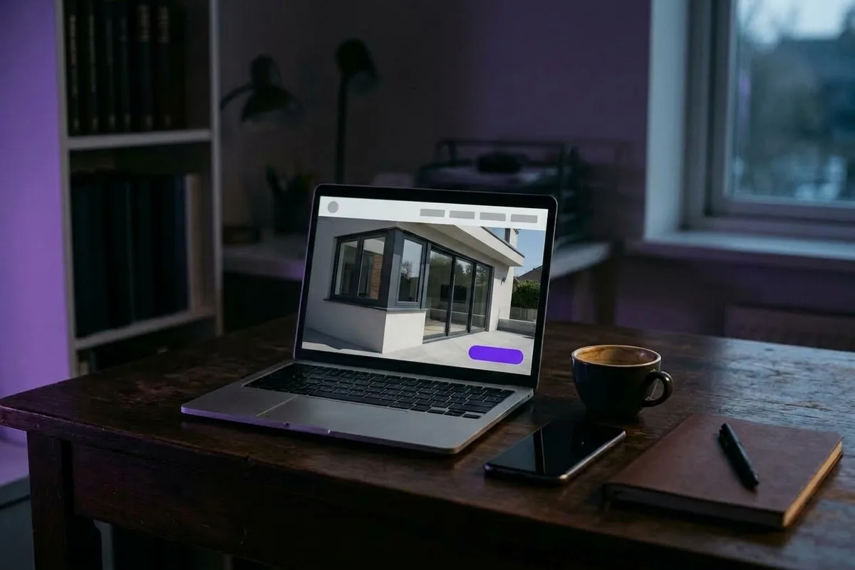 Portátil mostrando la web de una carpintería de aluminio sobre una mesa, junto a una taza de café y un móvil