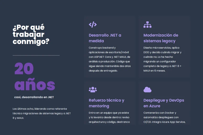 Sección «¿Por qué trabajar conmigo?» de guerrerocode.net: casi 20 años en .NET y cuatro servicios.