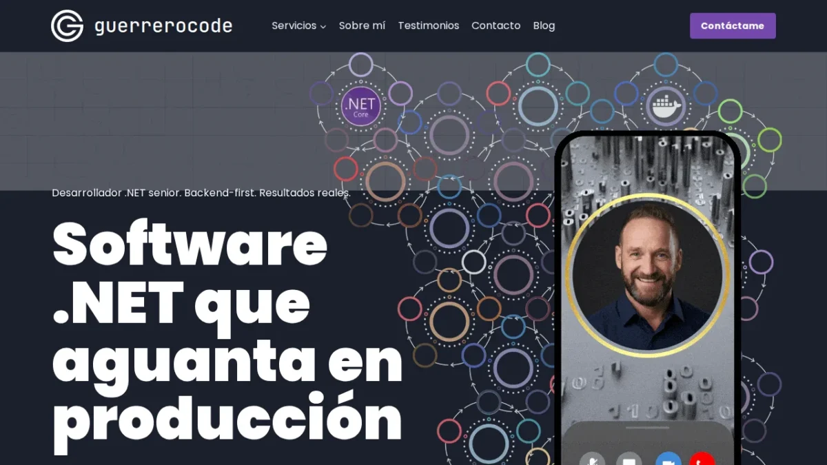 Portada de guerrerocode.net: titular «Software .NET que aguanta en producción» y retrato de José Manuel Guerrero en un móvil.