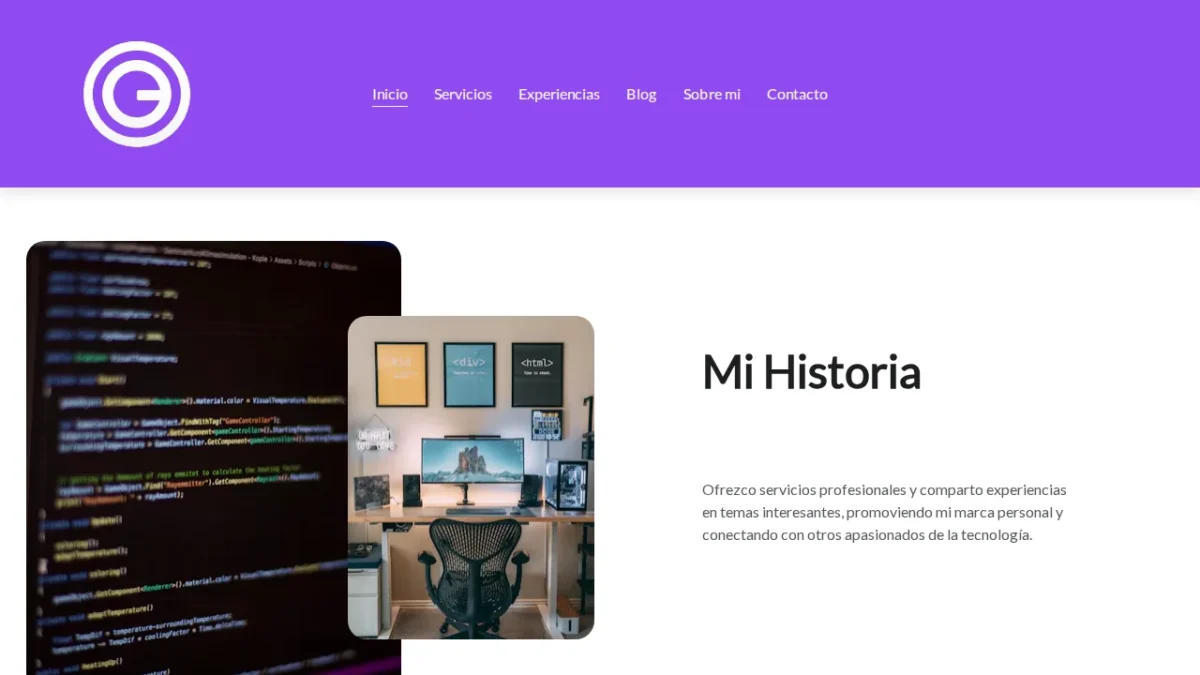 Sección «Mi Historia» de la web anterior: código en pantalla, un escritorio con monitor y un texto de presentación.