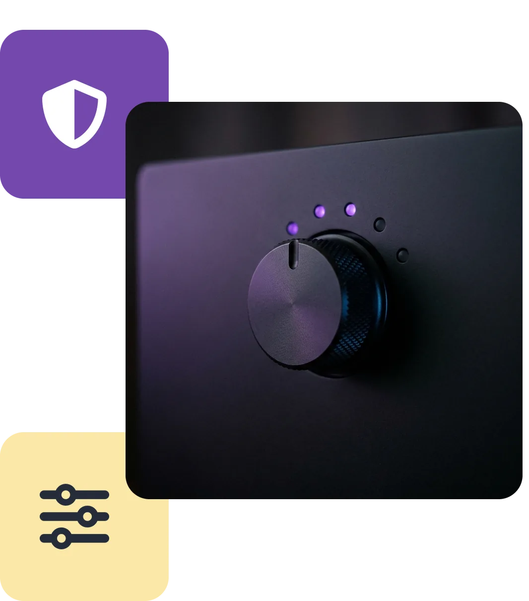 Primer plano de un mando giratorio oscuro con cinco indicadores luminosos, tres encendidos en violeta, junto a dos tarjetas de color