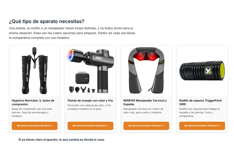 Sección «¿Qué tipo de aparato necesitas?» de masajemuscular.net: cuatro tarjetas de productos con su botón «Ver precio actual en Amazon».