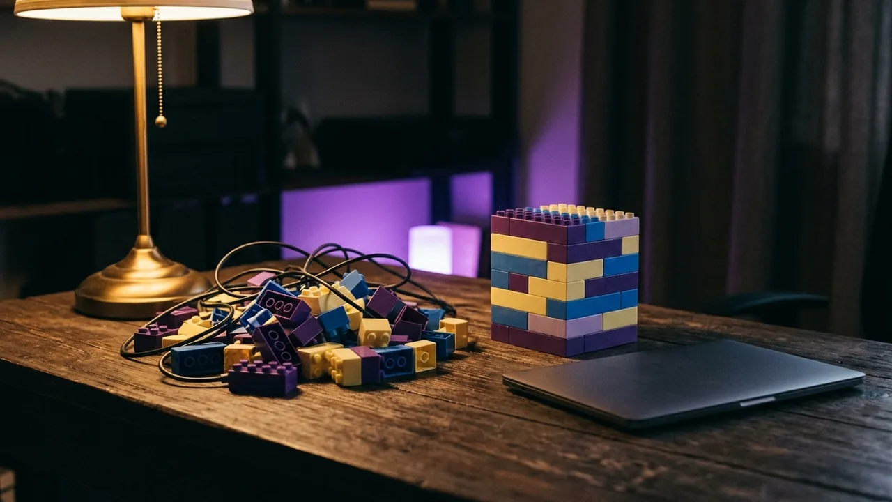 Bloques de colores revueltos entre cables a la izquierda y un cubo de bloques ordenado junto a un portátil cerrado a la derecha