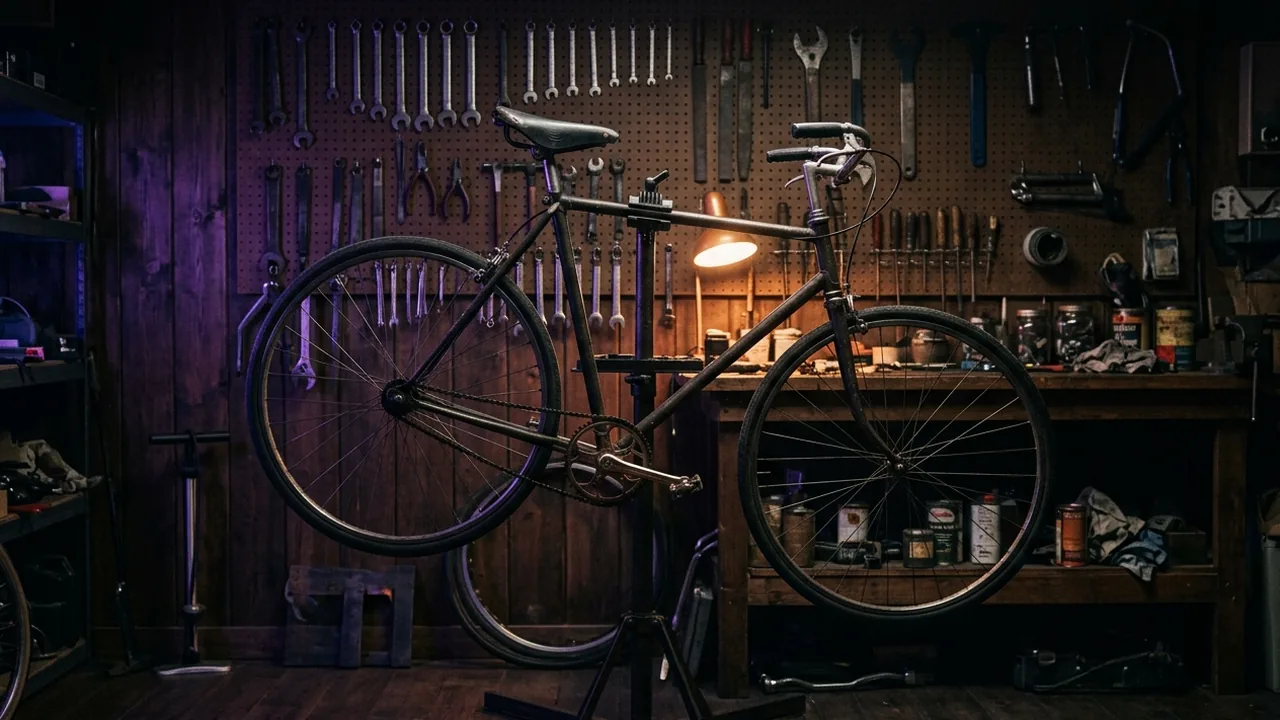Taller de bicicletas en penumbra, con una bicicleta en un soporte de reparación y un panel de herramientas colgadas detrás