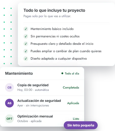 Panel "Todo lo que incluye tu proyecto" con cinco condiciones: mantenimiento básico incluido, sin permanencias ni costes ocultos, presupuesto claro desde el inicio, posibilidad de cambiar de plan y diseño adaptado a cualquier dispositivo; debajo, un panel de mantenimiento con una muestra de copia de seguridad, actualización de seguridad y optimización mensual