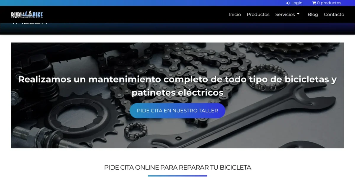 Cabecera de la página «Taller» de RubiBike: foto de cadenas y piñones, un mensaje sobre mantenimiento y un botón para pedir cita