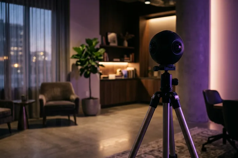 Cámara panorámica 360° sobre un trípode en primer plano, con un interior moderno y luminoso desenfocado al fondo — butaca, planta y estantería con luz cálida, iluminación de acento morada
